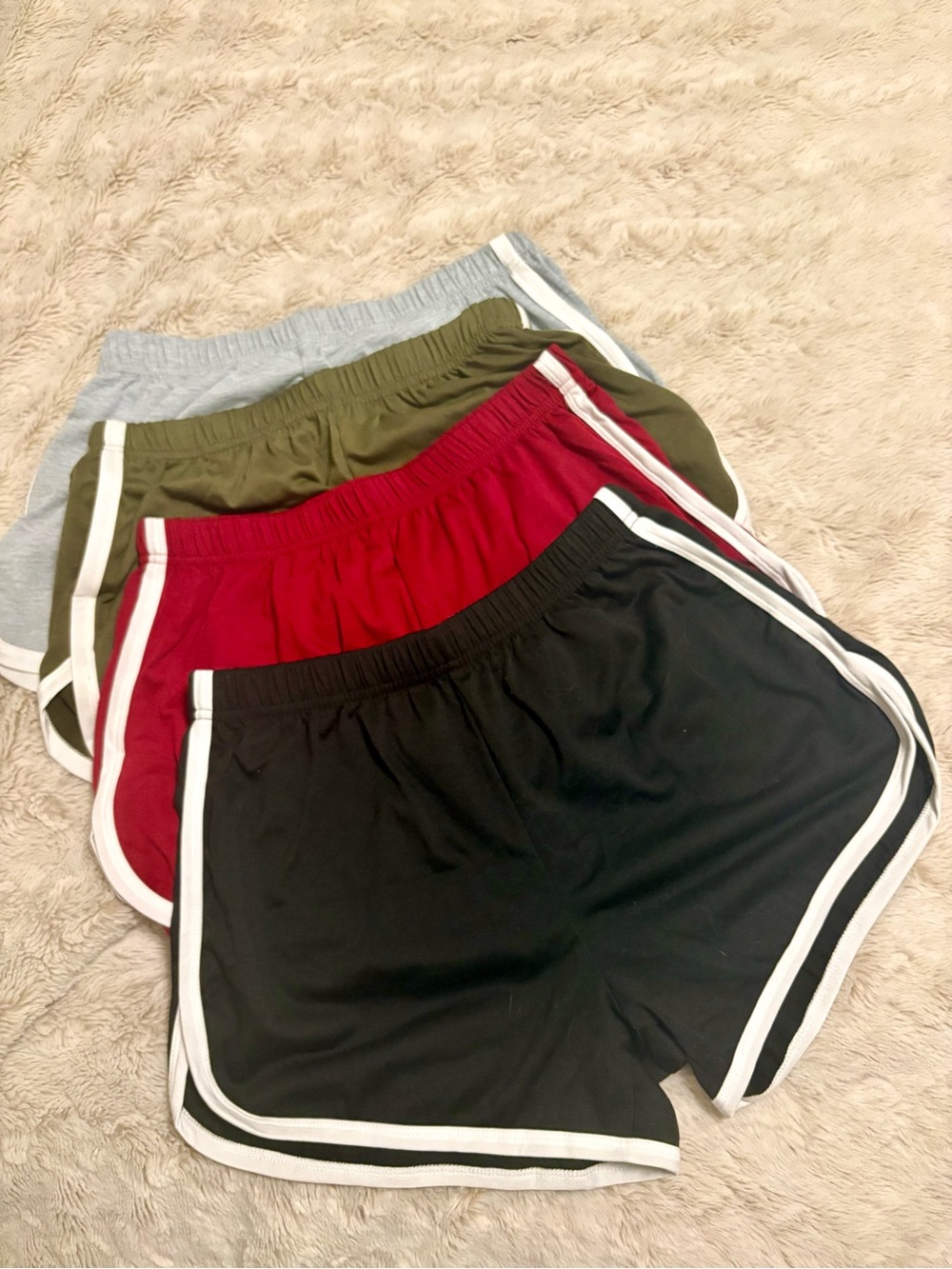 Women’s Athletic Shorts Bundle — Black, Red, Olive, and Gray